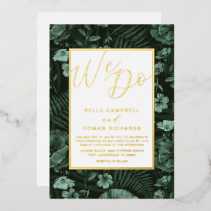 Boho Wild Blume Green & Gold Script Wedding Folieneinladung