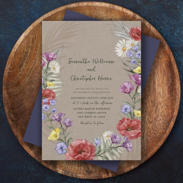 Boho Wild Blume Kraft & Lila Wedding Einladung (Von Creator hochgeladen)