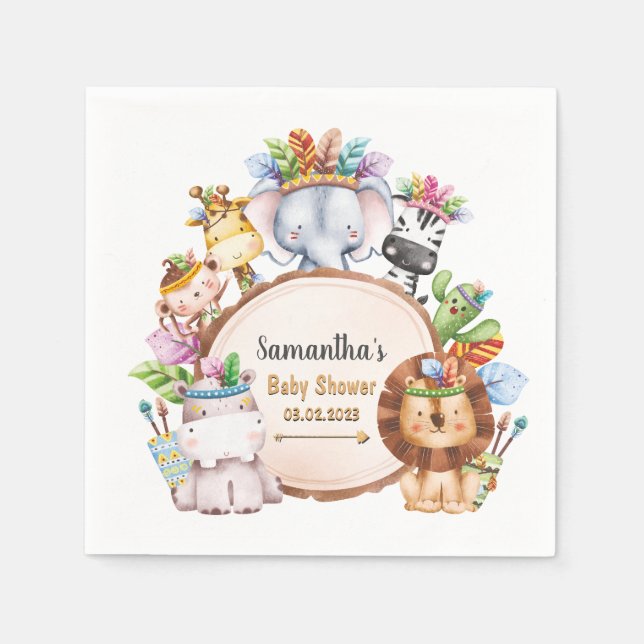 Boho Wild Giraffe Zebra Elephant Baby Shower Serviette (Vorderseite)