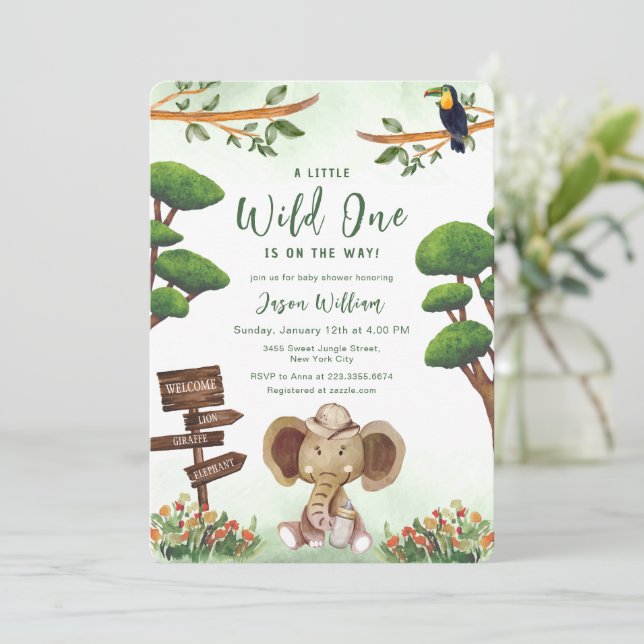 Boho Wild One Safari Elephant Boy Baby Shower  Einladung (Stehend Vorderseite)