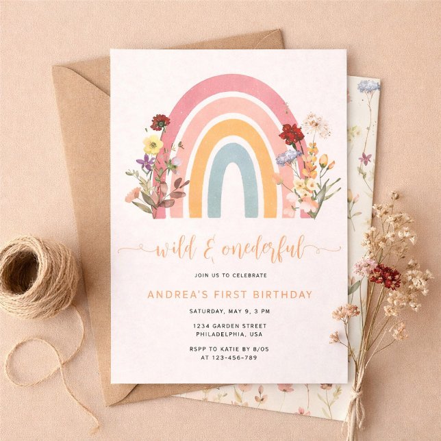 Boho Wild & Onederful Wildflower Rainbow Birthday Einladung (Von Creator hochgeladen)