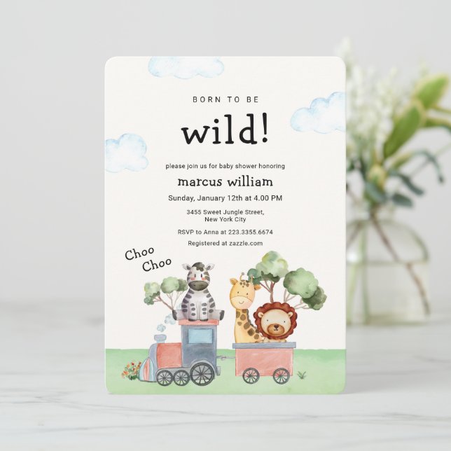 Boho Wild Safari Animals Train Baby Shower Einladung (Stehend Vorderseite)