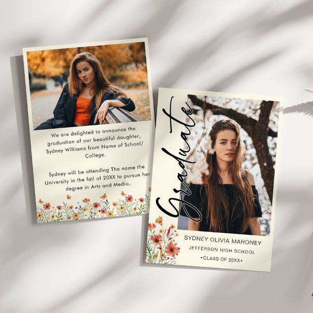 Boho Wildblume 2 Fotos Abschluss Ankündigung (Boho Watercolor Graduation Announcement – 2 Photo Collage, Wildflowers & Butterflies – Whimsical)