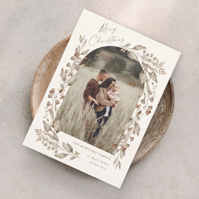 Boho Wildblume Arch Foto Weihnachten (Boho wildflower foliage elegant arch photo christmas holiday card.)