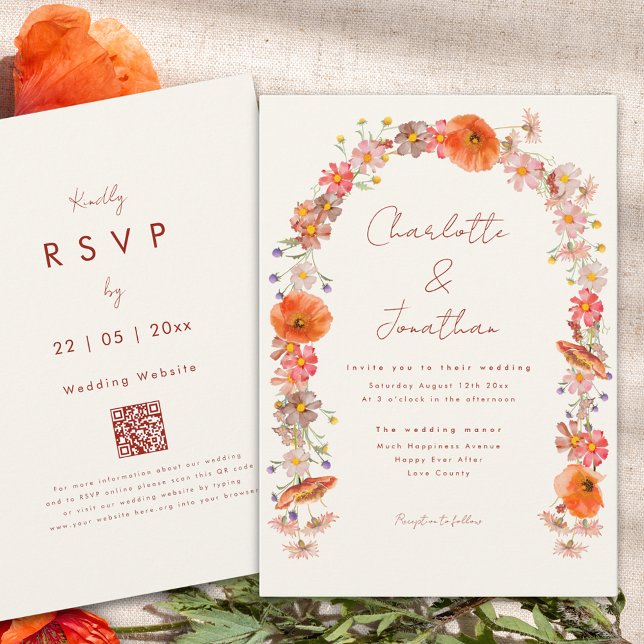 Boho Wildblume Arch Hochzeit im Herbst Einladung (Boho floral arch fall wedding invitation with burnt orange script and website qr code)