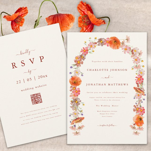 Boho Wildblume Arch Hochzeit im Herbst Einladung (Boho wildflower arch fall wedding invitation with burnt orange script and qr code)