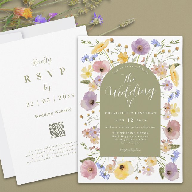 Boho Wildblume Arch Spring Einladung (Colorful Wildflower wedding invitation with sage green arch elegant script and watercolor florals)