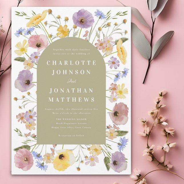 Boho Wildblume Arch Spring Einladung (Colorful wildflower boho spring wedding invitation with blue pink yellow purple and sage green arch )