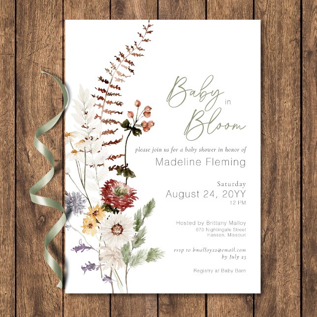 Boho Wildblume Baby in Bloom Baby Dusche Einladung (Boho Wildflower Baby In Bloom Baby Shower Invitation)
