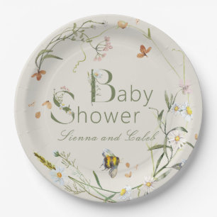 Boho Wildblume Bee Beige Babydusche Pappteller