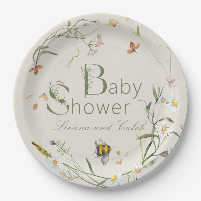 Boho Wildblume Bee Beige Babydusche Pappteller (Vorderseite)