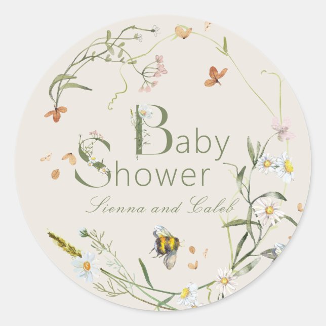 Boho Wildblume Bee Beige Babydusche Runder Aufkleber (Vorderseite)