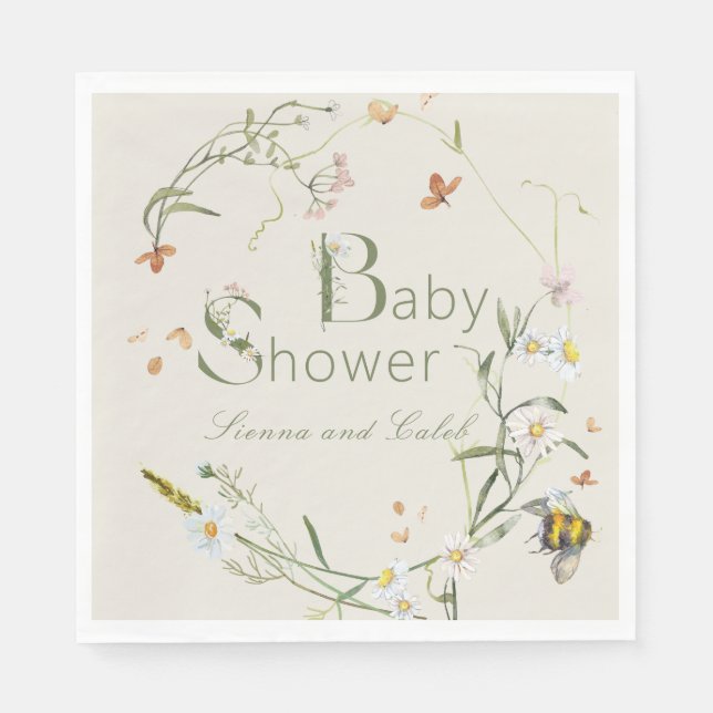 Boho Wildblume Bee Beige Babydusche Serviette (Vorderseite)