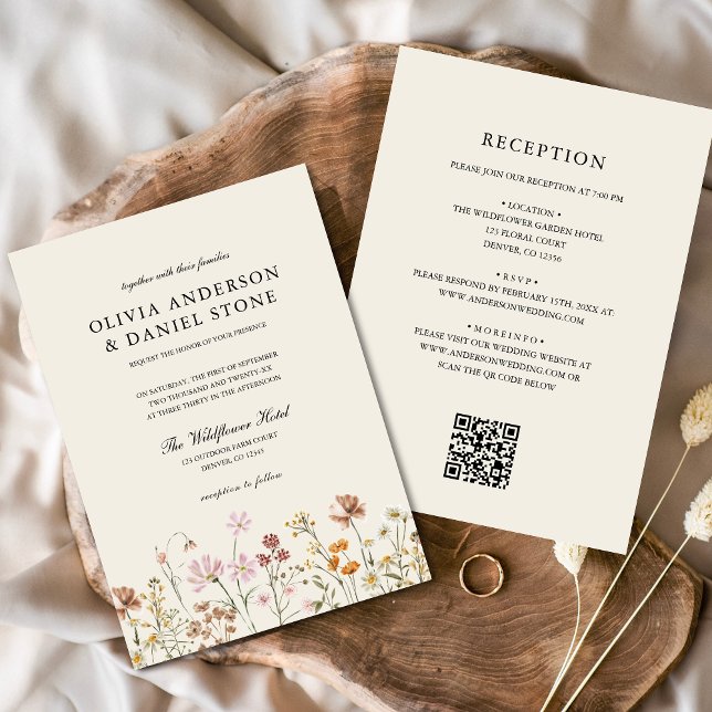 Boho Wildblume Beige All in One QR Code Wedding Einladung (Von Creator hochgeladen)