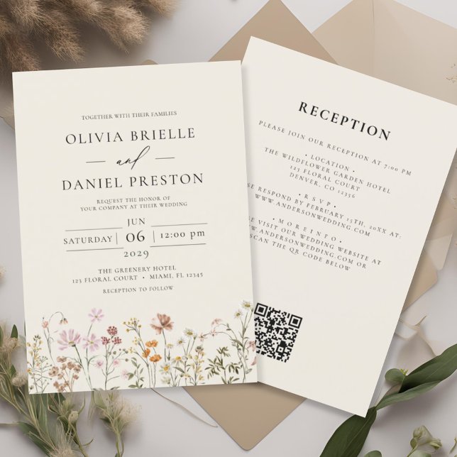 Boho Wildblume Beige All in One QR Code Wedding Einladung (Von Creator hochgeladen)