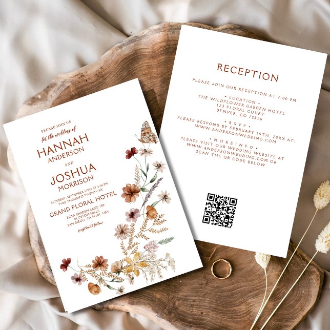 Boho Wildblume Beige All in One QR Code Wedding Einladung (Von Creator hochgeladen)