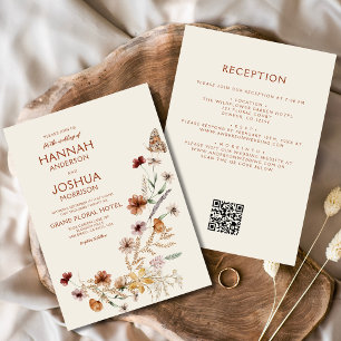 Boho Wildblume Beige All in One QR Code Wedding Einladung