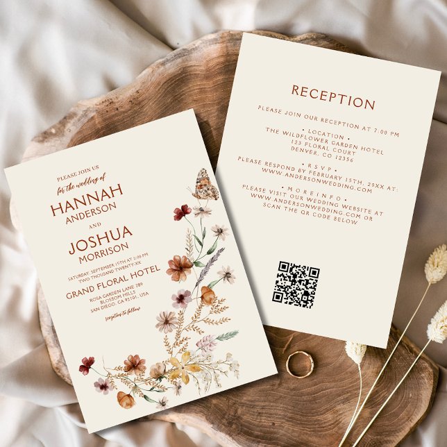Boho Wildblume Beige All in One QR Code Wedding Einladung (Von Creator hochgeladen)