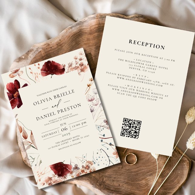 Boho Wildblume Beige All in One QR Code Wedding Einladung (Von Creator hochgeladen)