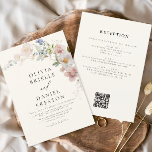 Boho Wildblume Beige All in One QR Code Wedding Einladung
