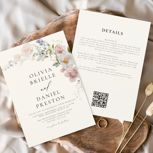 Boho Wildblume Beige All in One QR Code Wedding Einladung (Von Creator hochgeladen)