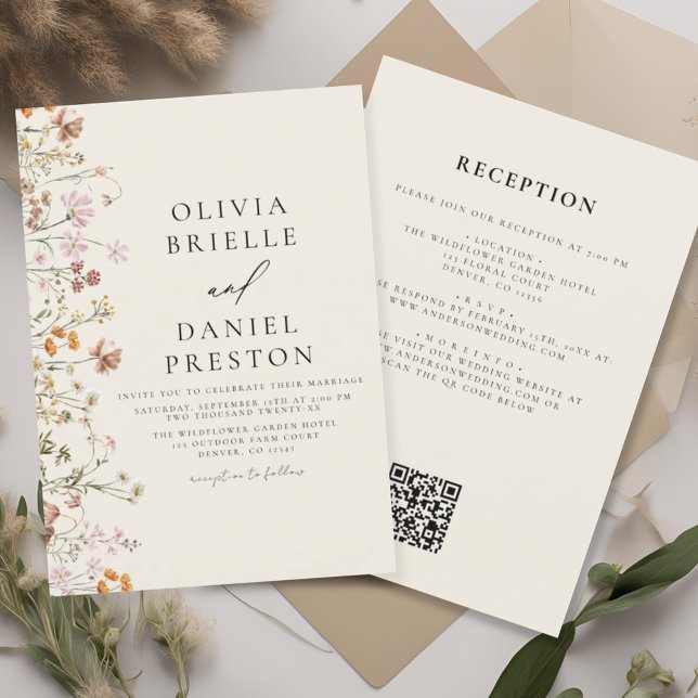 Boho Wildblume Beige All in One QR Code Wedding Einladung (Von Creator hochgeladen)