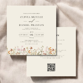 Boho Wildblume Beige All in One QR Code Wedding Einladung