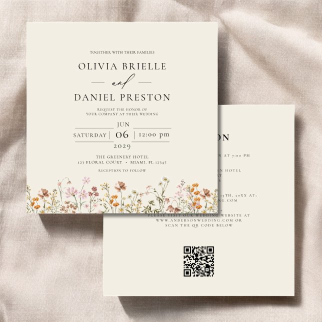 Boho Wildblume Beige All in One QR Code Wedding Einladung (Von Creator hochgeladen)