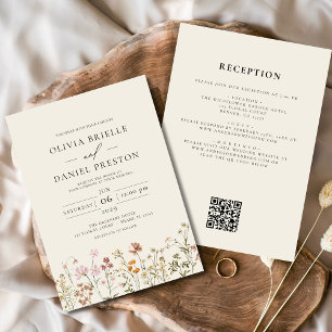 Boho Wildblume Beige All in One QR Code Wedding Einladung