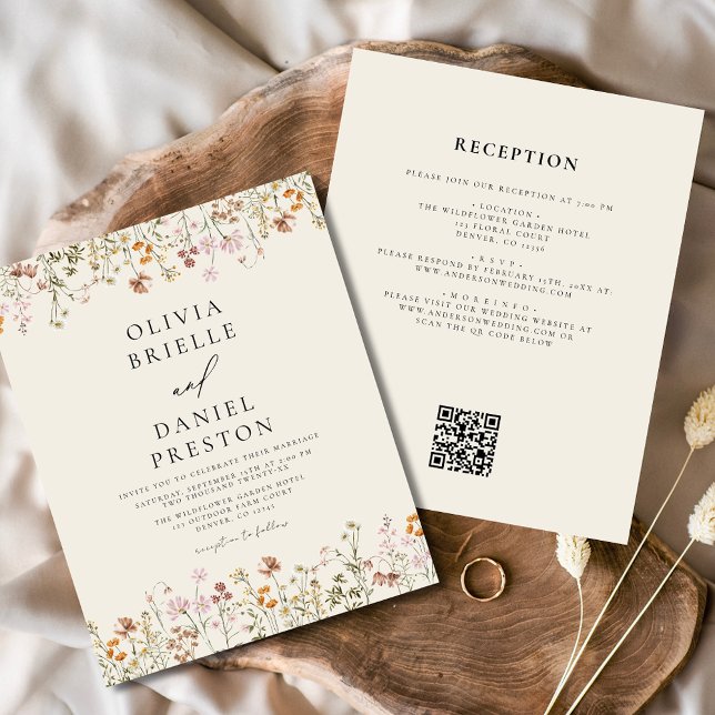 Boho Wildblume Beige All in One QR Code Wedding Flyer (Von Creator hochgeladen)