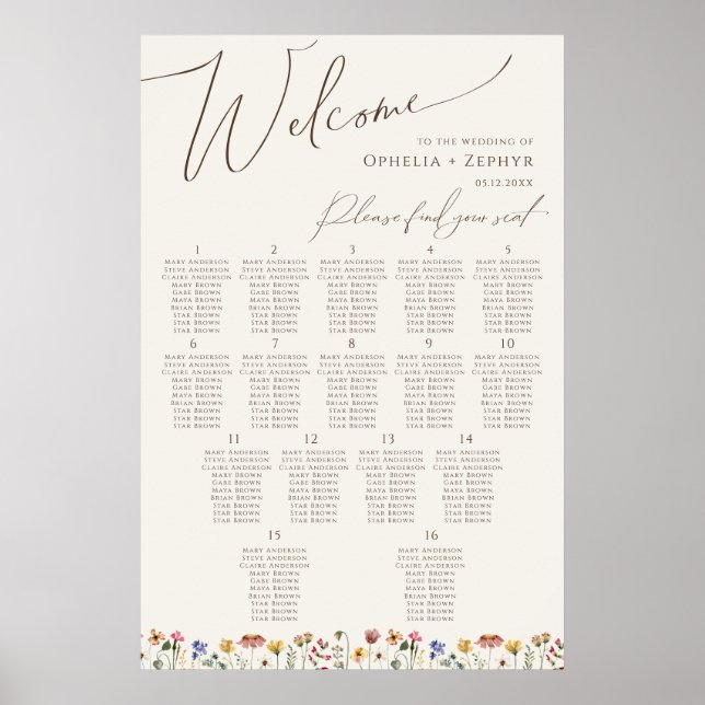 Boho Wildblume | Beige Tischnummer Sitzkarte Poster (Vorne)