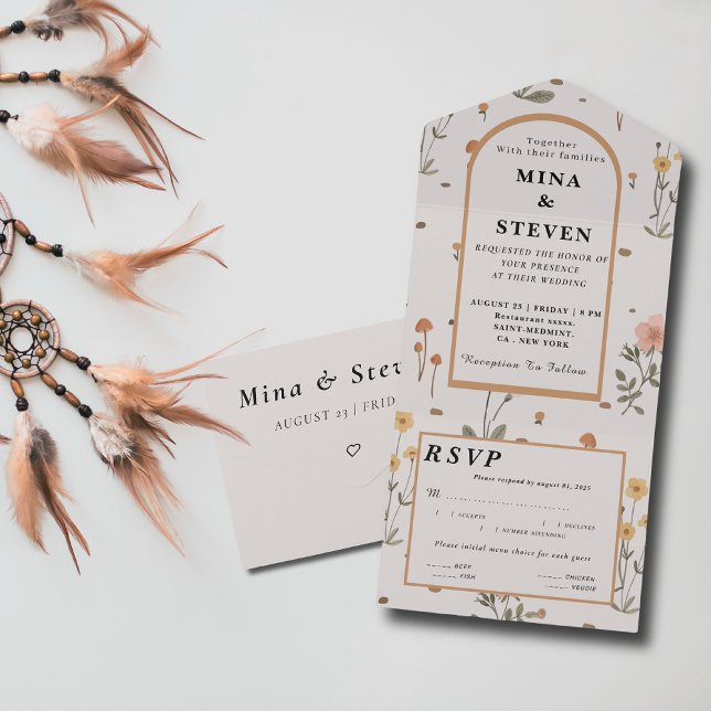 Boho Wildblume beige Wedding All In One Einladung (Von Creator hochgeladen)