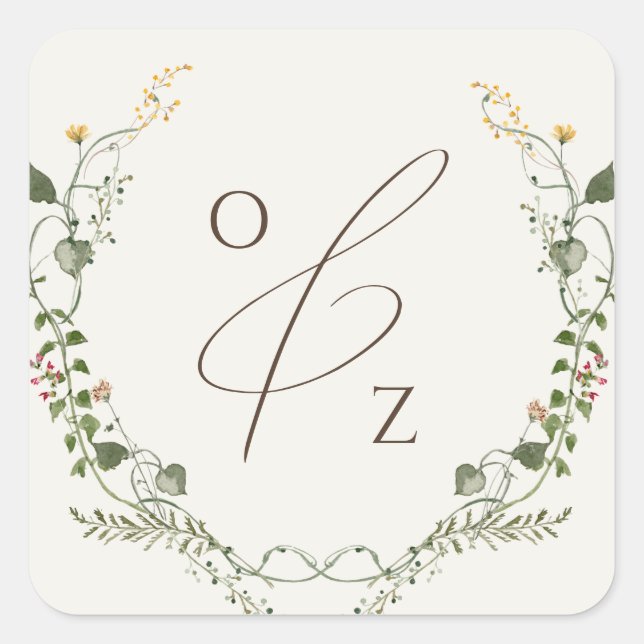 Boho Wildblume BeigeMonogram Wreath Umschlag Aufkl Quadratischer Aufkleber (Vorderseite)
