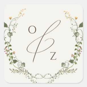 Boho Wildblume BeigeMonogram Wreath Umschlag Aufkl Quadratischer Aufkleber