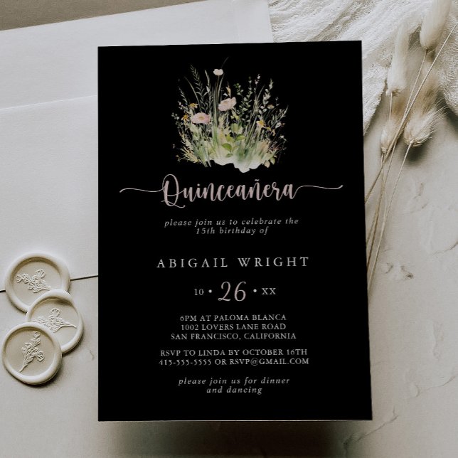 Boho Wildblume Black Quinceañera Einladung (Von Creator hochgeladen)