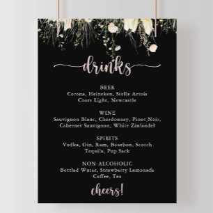 Boho Wildblume Black Wedding Drinks Menü Poster