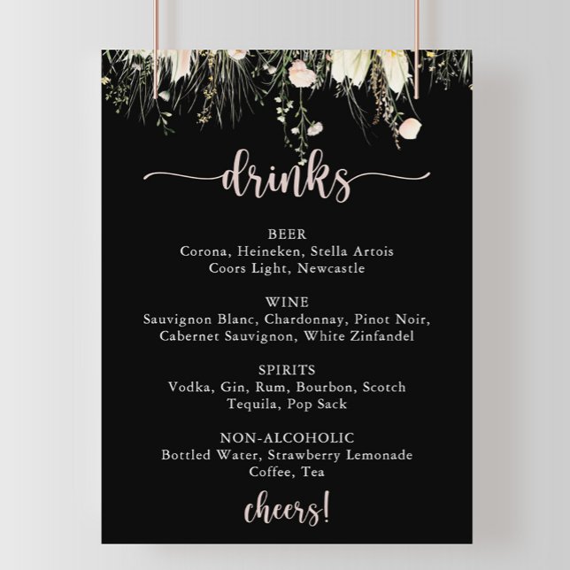 Boho Wildblume Black Wedding Drinks Menü Poster (Von Creator hochgeladen)