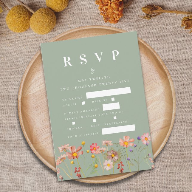 Boho Wildblume Blumenmahlzeit Optionen Grüne Hochz RSVP Karte (Boho wildflower floral sage green wedding rsvp including card Meal choices food allergies)