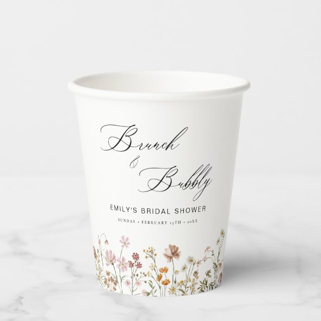 Boho Wildblume Brunch & Bubbly Brautparty Pappbecher (Vorderseite)