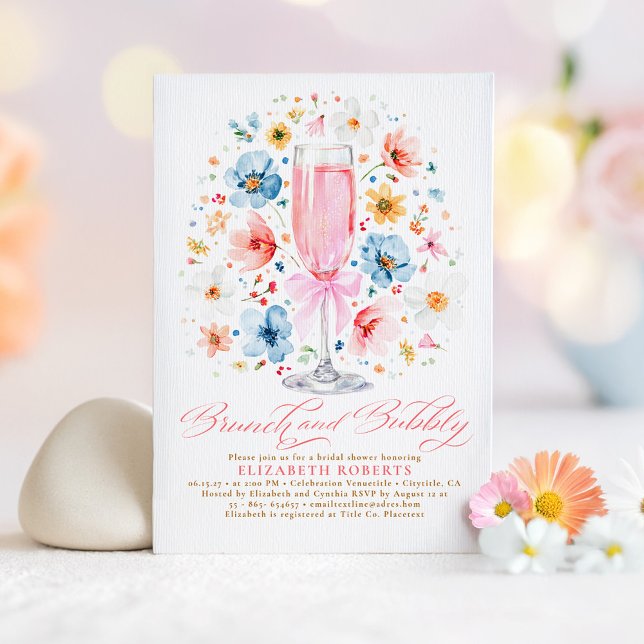 Boho Wildblume Brunch und Bubbly Brautparty Einladung (Rose Wine Wildflowers Boho Brunch and Bubbly Bridal Shower Invitation)