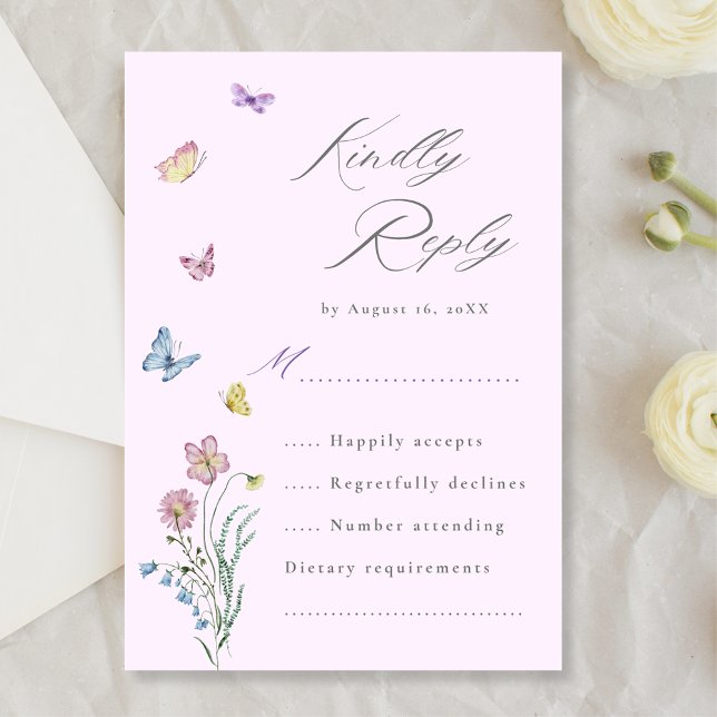 Boho Wildblume Butterfly Wedding Lila RSVP Card (Von Creator hochgeladen)