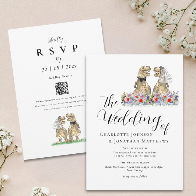 Boho Wildblume Dinosaur Theme Wedding Einladung (Boho wildflower dinosaur wedding invitation with elegant script watercolor florals and qr code)
