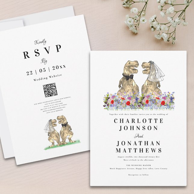 Boho Wildblume Dinosaur Wedding Einladung (Wildflower dinosaur wedding invitation with qr code and watercolor summer and spring florals)