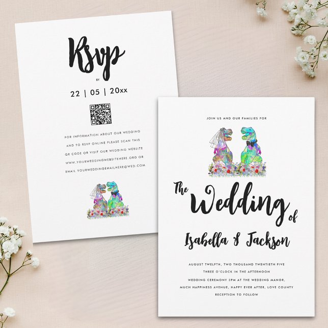 Boho Wildblume Dinosaurier Bride und Groom Wedding Einladung (Dinosaur theme wildflower wedding invitation with dino bride and groom wedding rsvp website qr code)