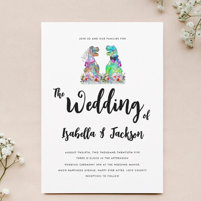 Boho Wildblume Dinosaurier Bride und Groom Wedding Einladung (Colorful boho wildflower Dinosaur theme wedding invitation with fun T-Rex bride and groom)