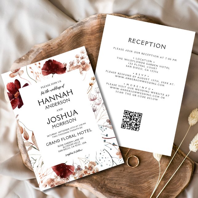 Boho Wildblume fällt alle in einer QR-Hochzeit Einladung (Von Creator hochgeladen)