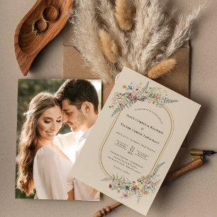 Boho Wildblume Fern Beige Wedding Foto Einladung