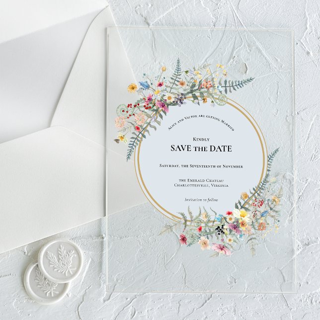 Boho Wildblume Fern Dusty Blue Save the Date Acryleinladungen (Von Creator hochgeladen)