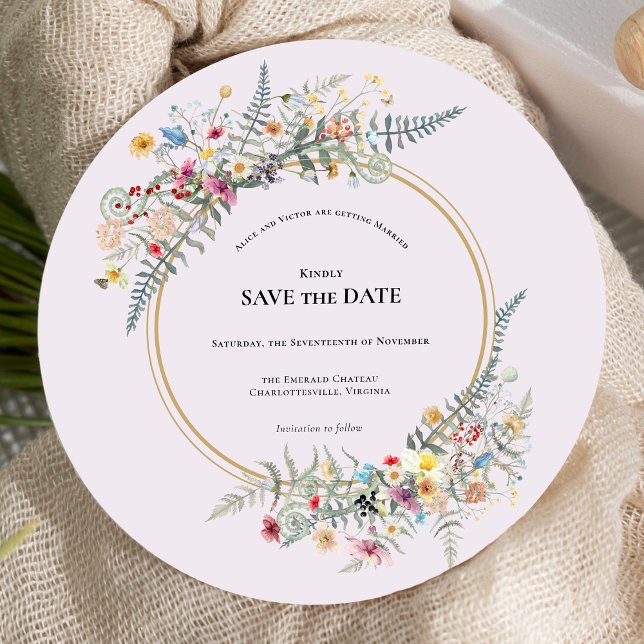 Boho Wildblume Fern Lavender Wedding Round Save The Date (Von Creator hochgeladen)