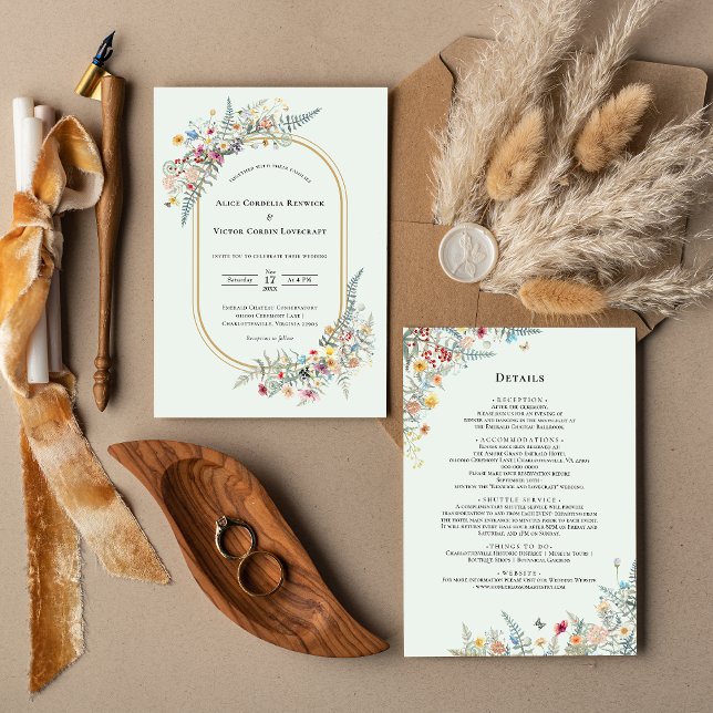 Boho Wildblume Fern Mint Green Wedding Details Einladung (Von Creator hochgeladen)